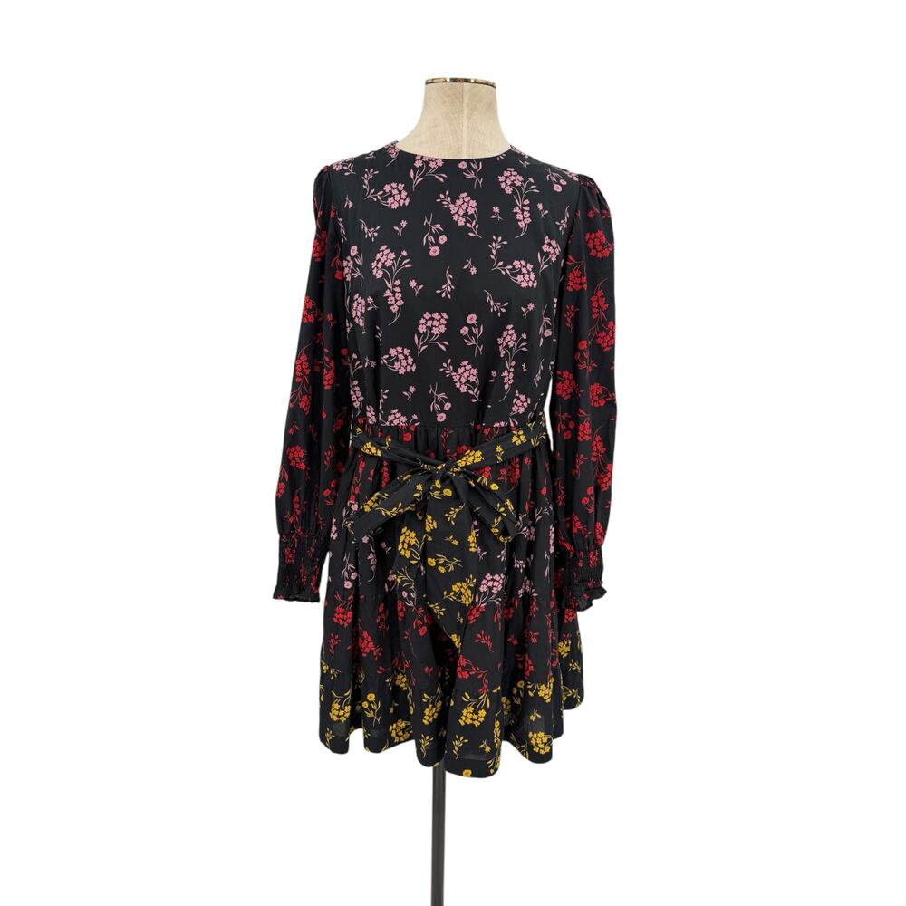 Boden Lyla Tiered Dress Black Falling Sprig Floral Belted Cotton Size 10R - Picture 2 of 8